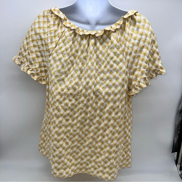 Max Studio Textured Blouse in Yellow/White Diagonal Plaid w/Ruffles & Ties-Sz L - Picture 2 of 11